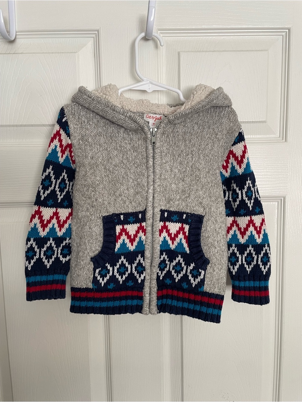 Cat & Jack 3T Hooded Knit Cardigan - Gray with Navy, Teal & Red Pattern